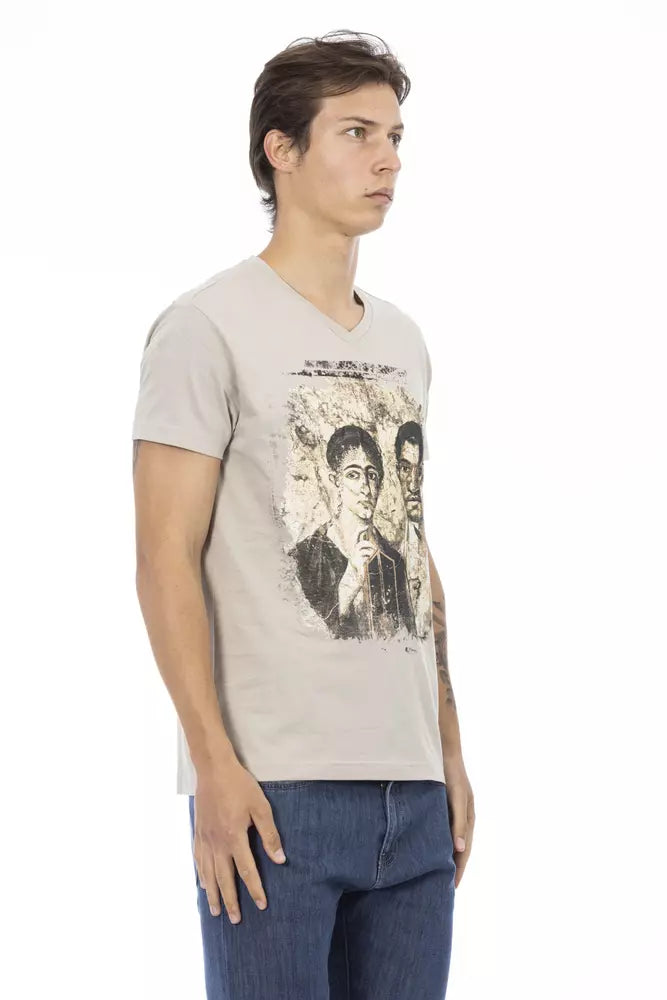 Trussardi Action Beige V-Neck Short Sleeve Tee na may Front Print