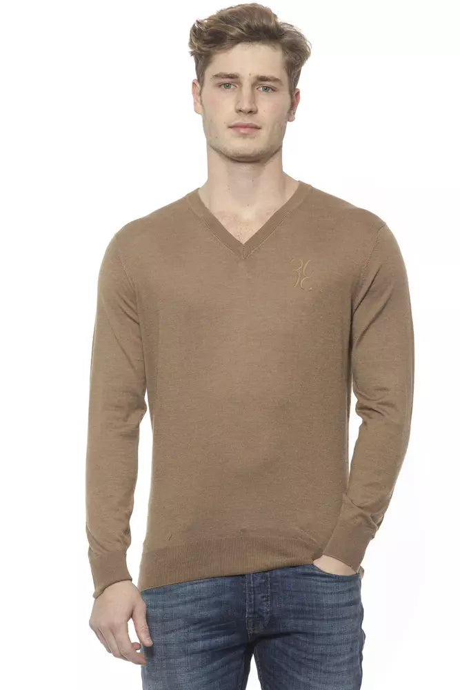 Eleganter beigefarbener Kaschmirpullover mit V-Ausschnitt von Billionaire Italian Couture