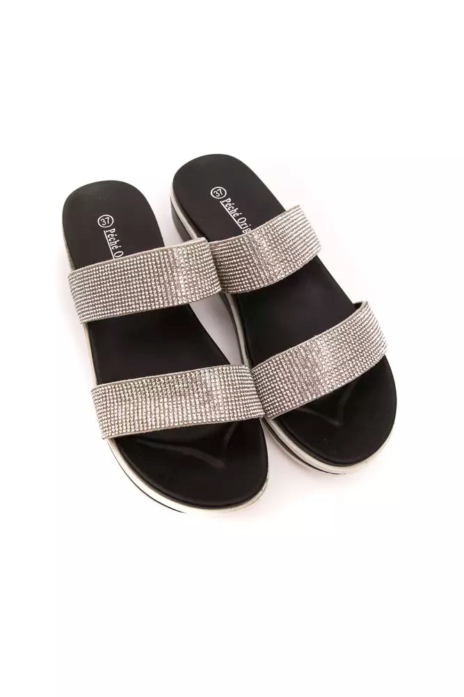 Péché Originel Chic Silver Two-Strap Low Sandals na may Rhinestone