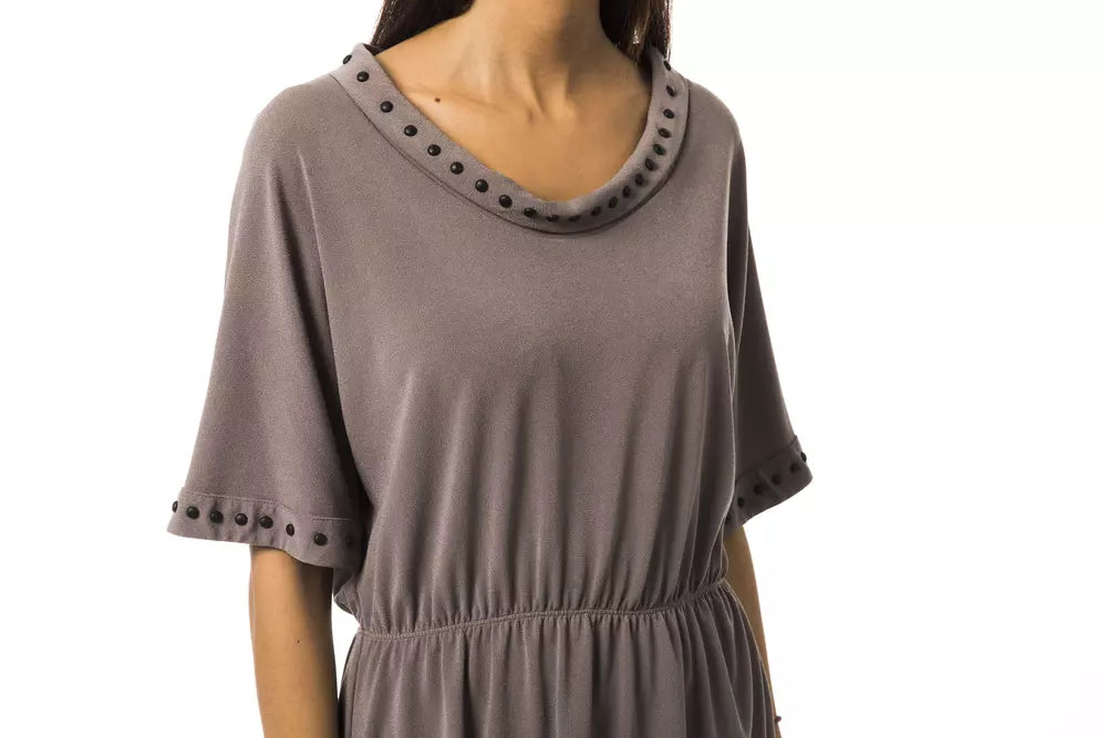 BYBLOS Chic Grey Open Round Neck T-Shirt na may 3/4 na Manggas