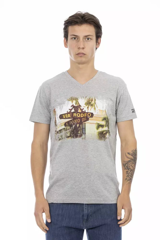 Trussardi Action Chic Gray V-Neck Tee na may Front Print