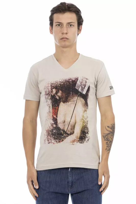 Trussardi Action Beige V-Neck Tee na may Chic Front Print