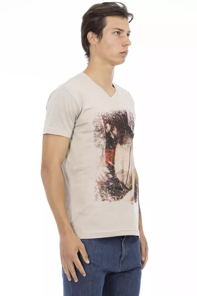 Trussardi Action Beige V-Neck Tee na may Chic Front Print