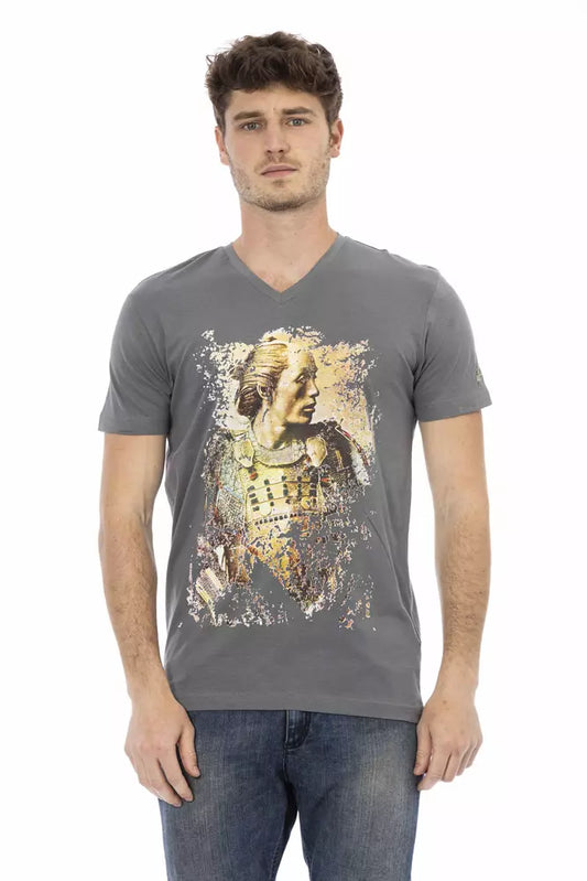 Trussardi Action Chic Gray V-neck Tee na may Front Print