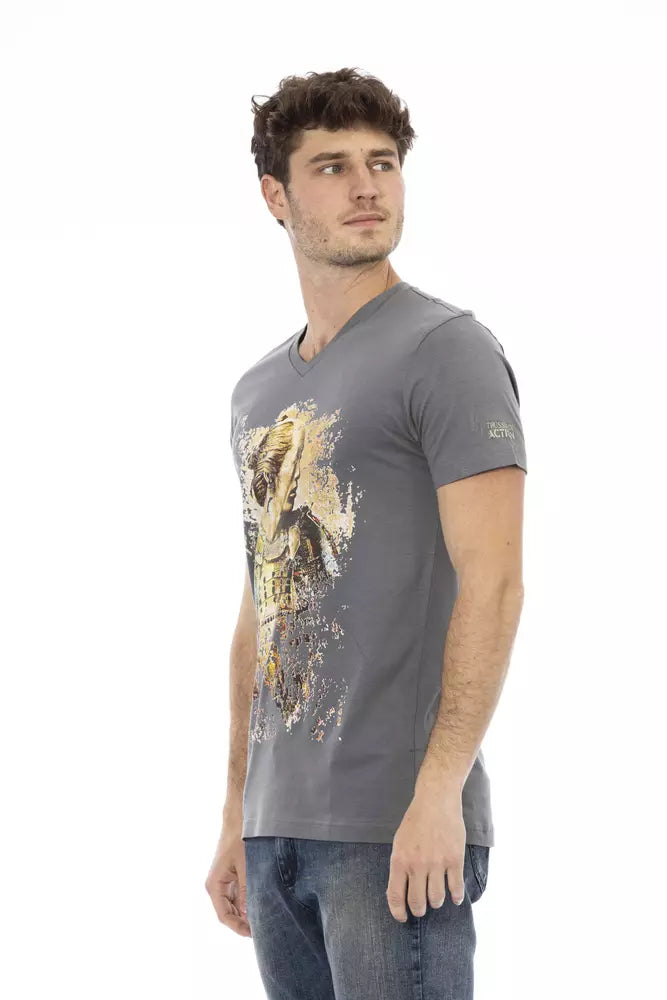 Trussardi Action Chic Gray V-neck Tee na may Front Print