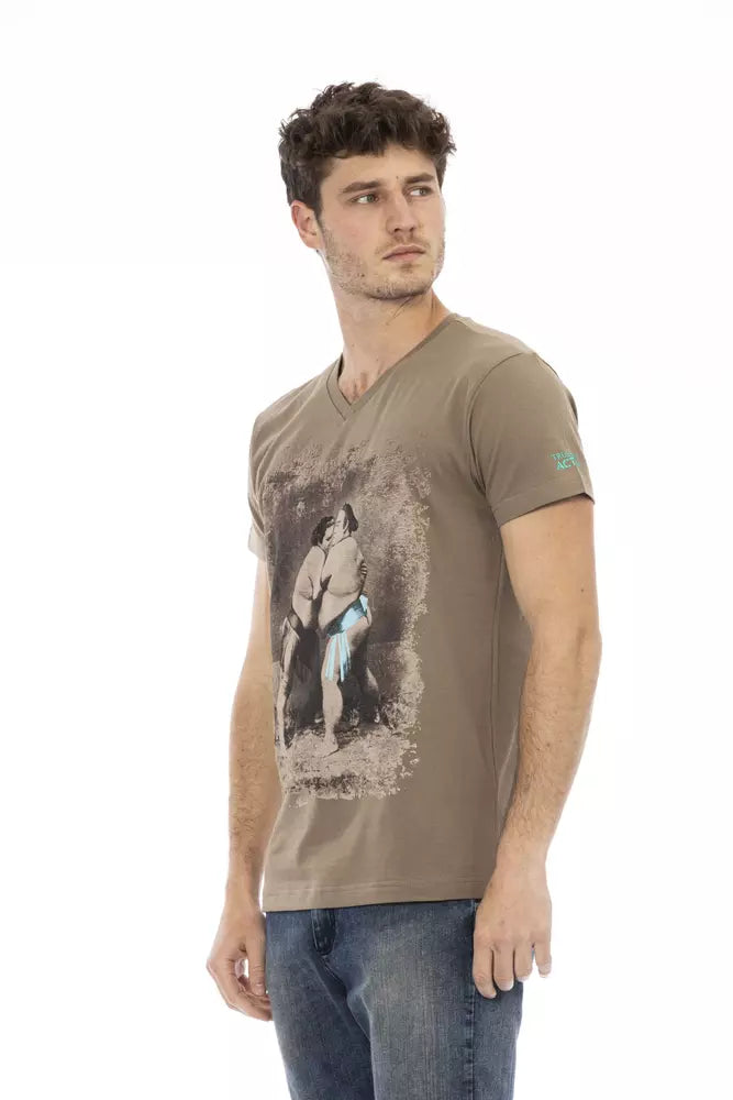 Trussardi Action Elegant Brown V-Neck Tee na may Chic Front Print