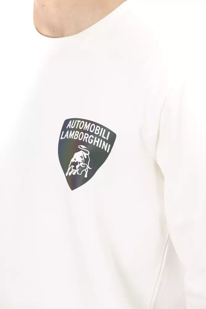 Eleganter weißer Rundhalspullover von Automobili Lamborghini mit Schildlogo