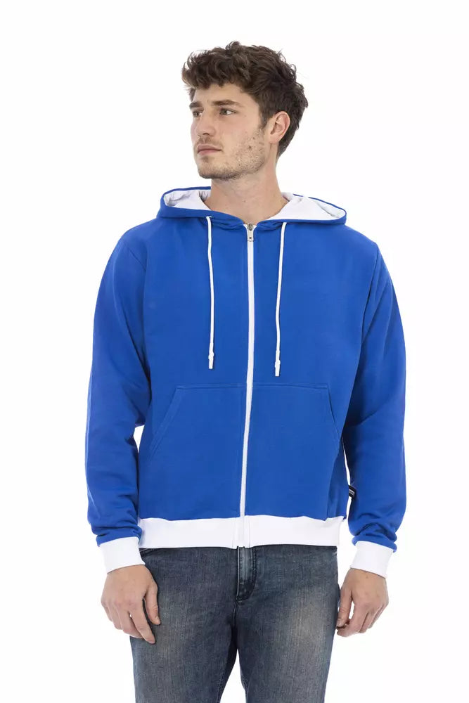 Baldinini Trend Eleganter blauer Woll-Kapuzenpullover mit Reißverschluss und Logo auf der Rückseite