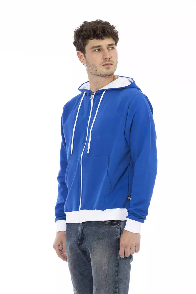 Baldinini Trend Eleganter blauer Woll-Kapuzenpullover mit Reißverschluss und Logo auf der Rückseite