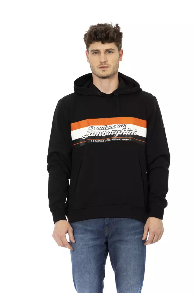 Schlanker schwarzer Baumwoll-Hoodie von Automobili Lamborghini mit Reißverschlusstaschen