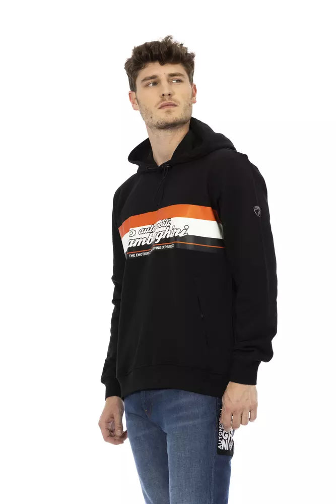 Schlanker schwarzer Baumwoll-Hoodie von Automobili Lamborghini mit Reißverschlusstaschen