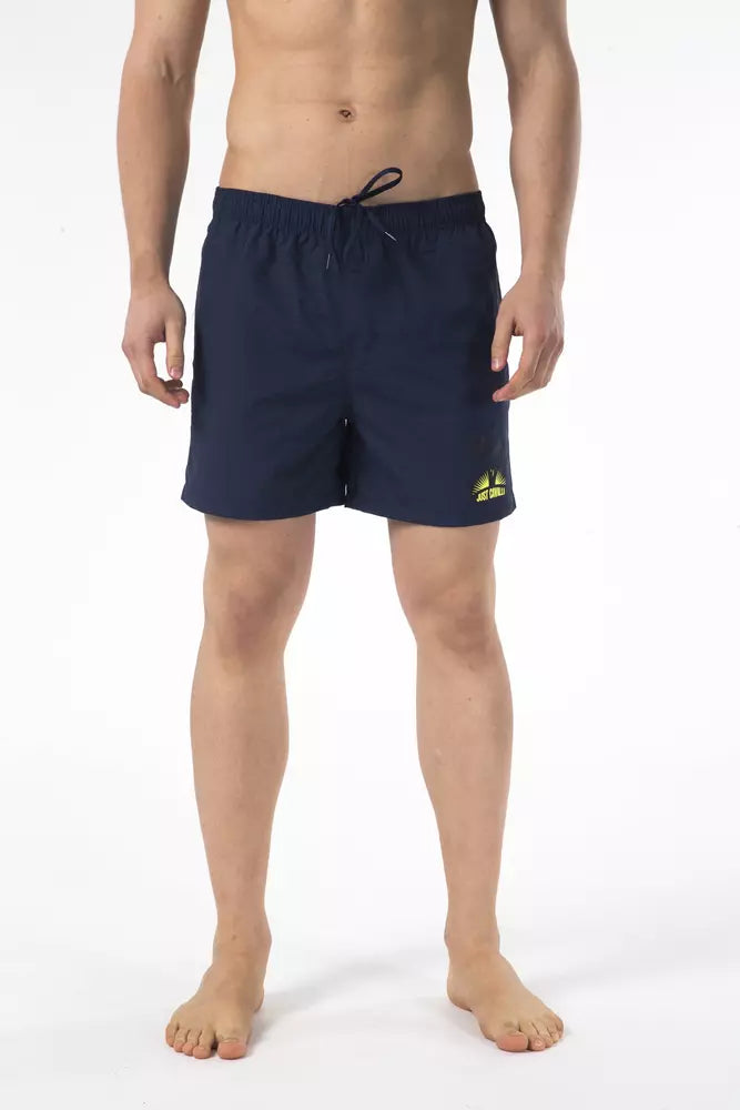 Just Cavalli Blau bedruckte Strandshorts mit Kordelzug