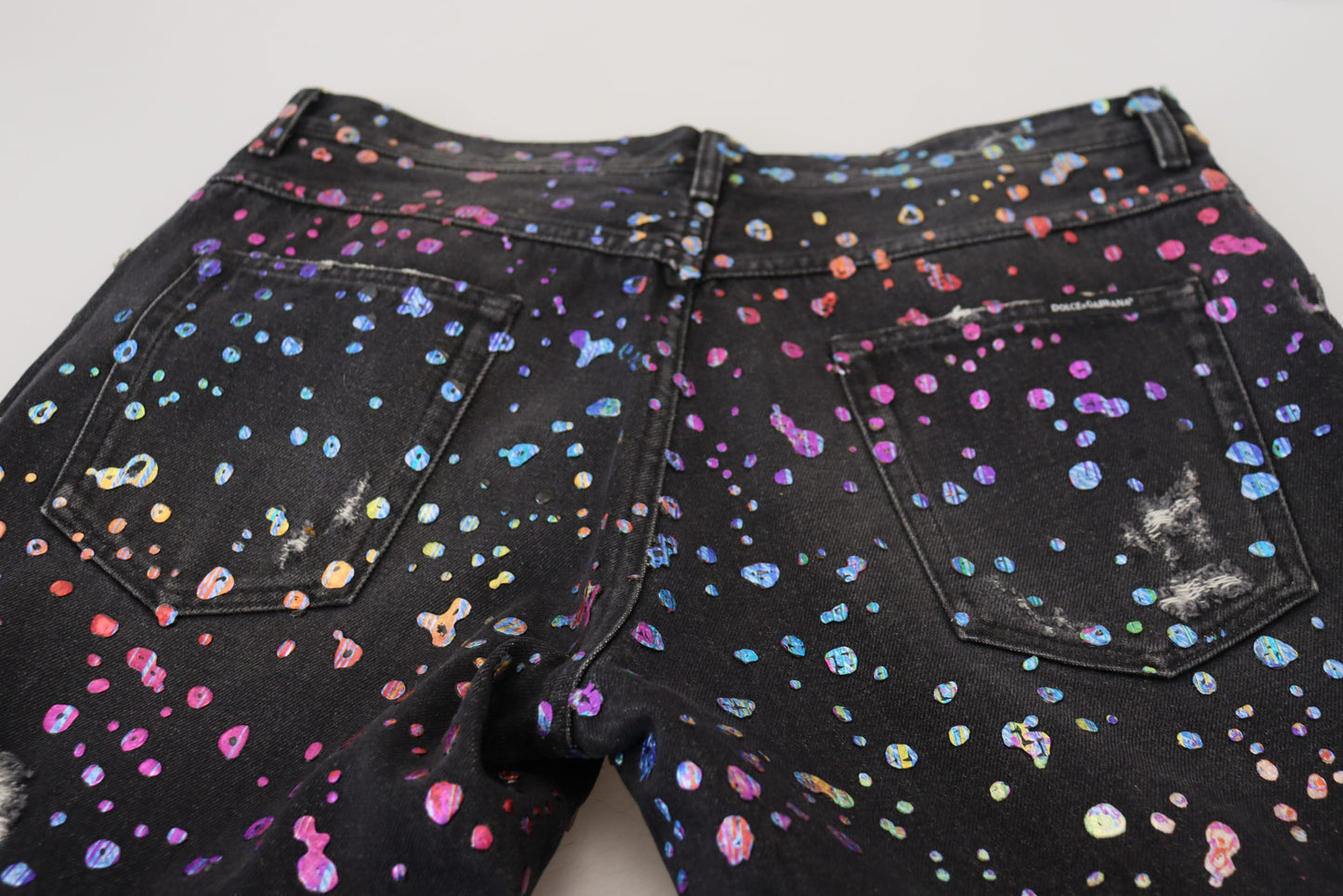 Dolce &amp; Gabbana Black Multicolor Print Tattered Denim Jeans