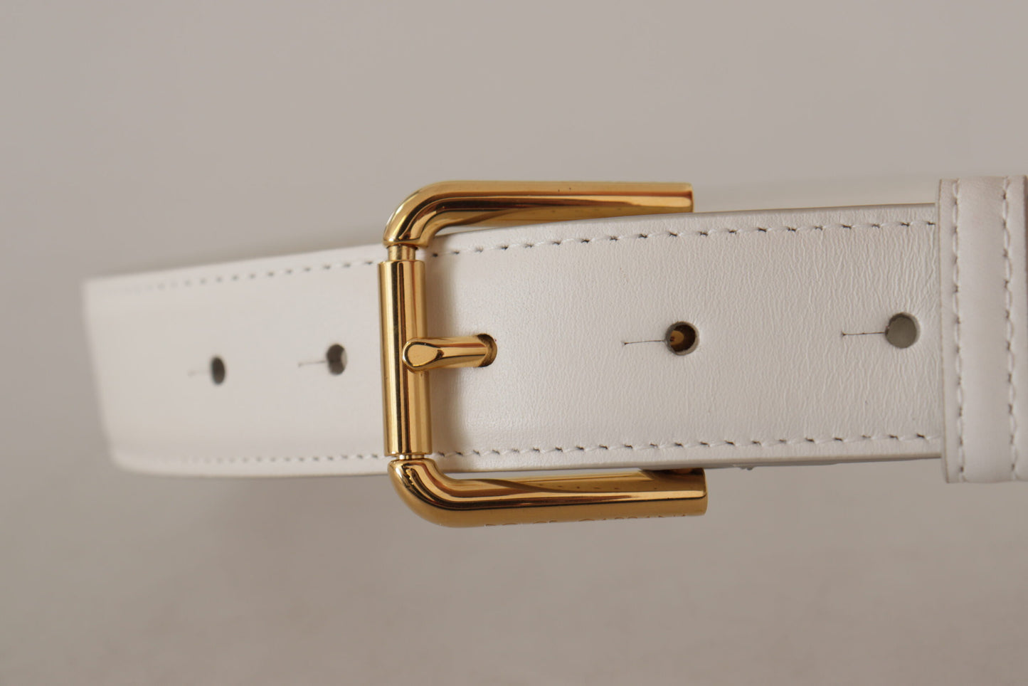 Dolce &amp; Gabbana White Calf Leather Gold Tone Logo Metal Buckle Belt