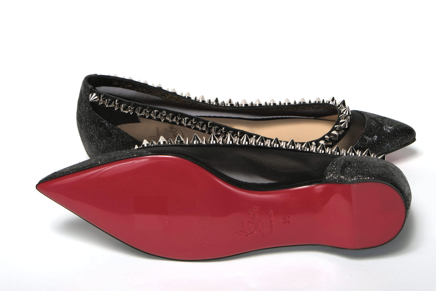 Christian Louboutin Schwarz-Silber-Schuh mit flacher spitzer Zehenpartie