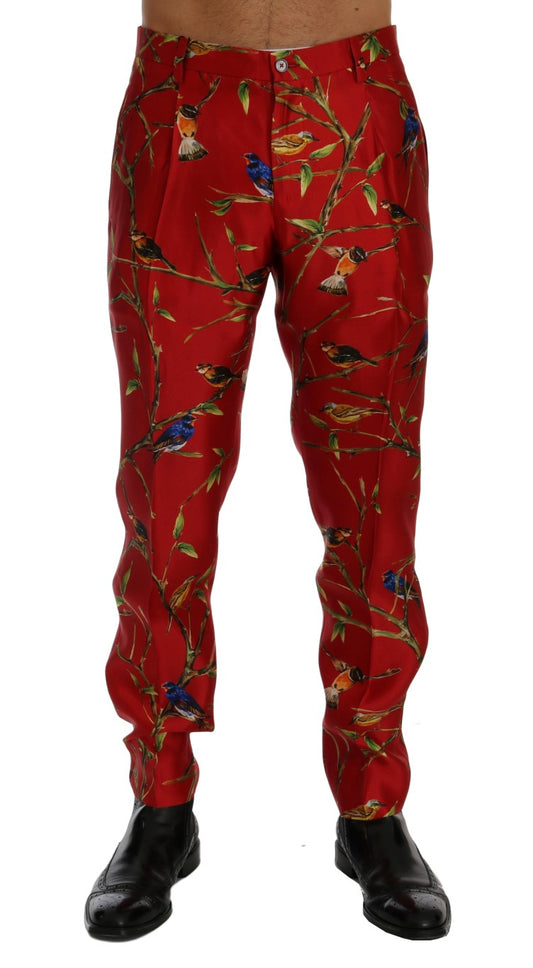 Dolce &amp; Gabbana Red Silk Bird Print Dress Pants