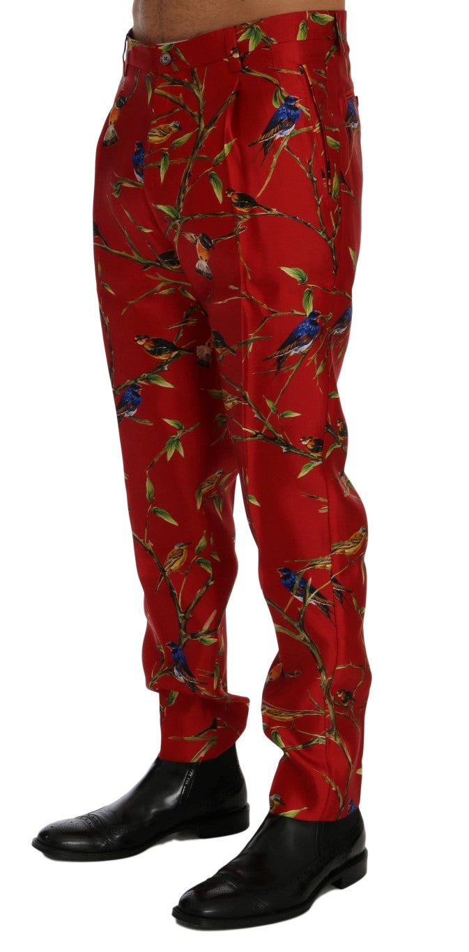 Dolce &amp; Gabbana Red Silk Bird Print Dress Pants