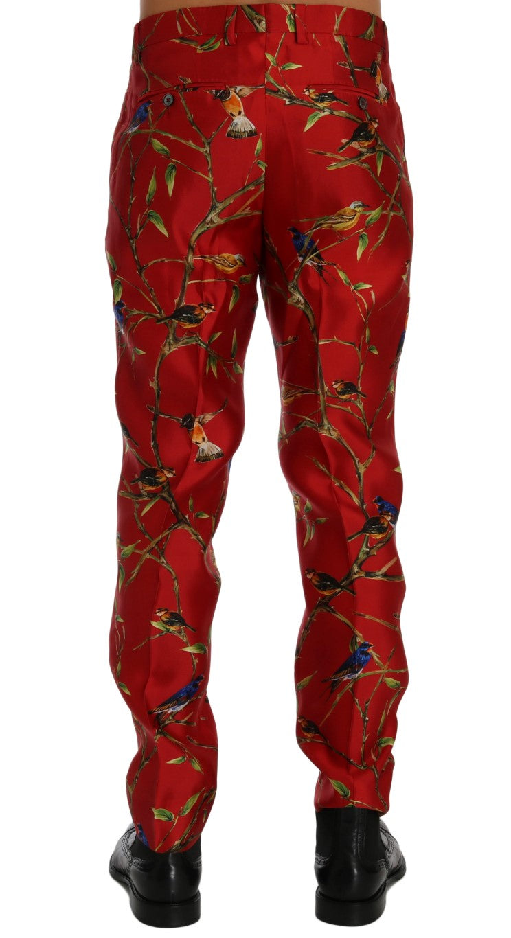 Dolce &amp; Gabbana Red Silk Bird Print Dress Pants