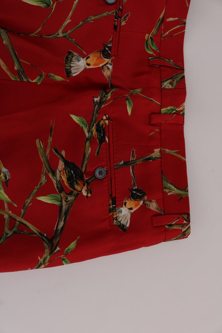 Dolce &amp; Gabbana Red Silk Bird Print Dress Pants