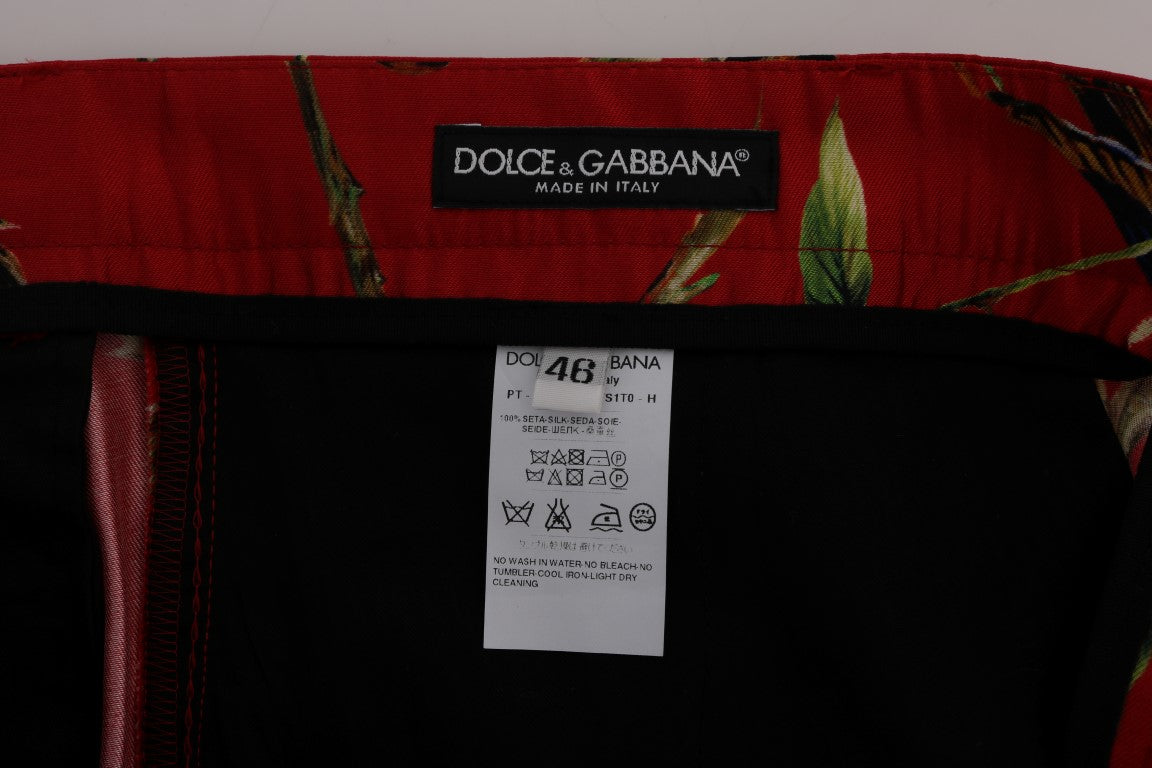 Dolce &amp; Gabbana Red Silk Bird Print Dress Pants