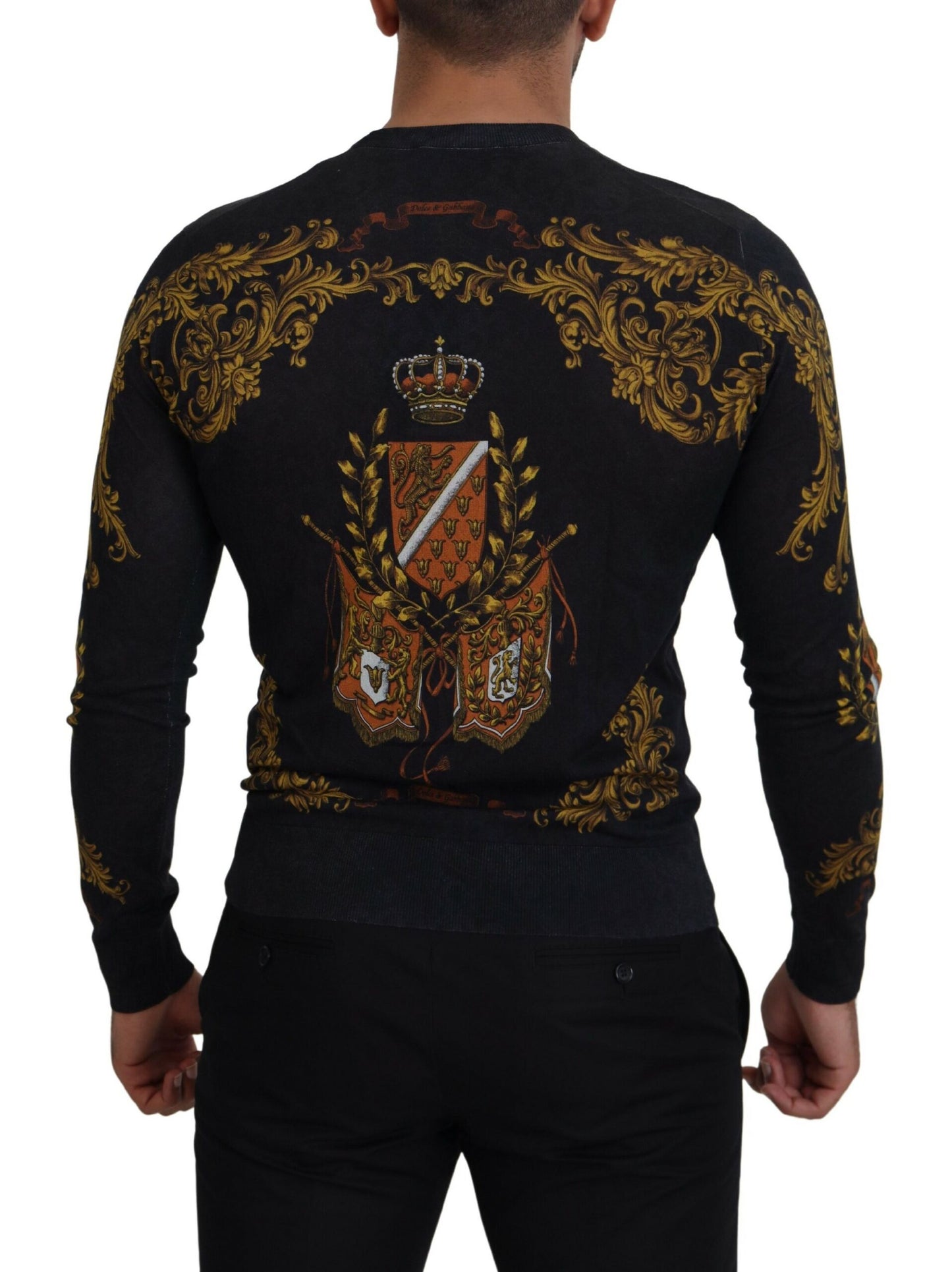 Dolce &amp; Gabbana Grauer Barock-Seidenpullover mit Medaillenmotiv