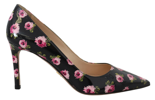 Prada Black Leather Floral Heels Stiletto Pumps