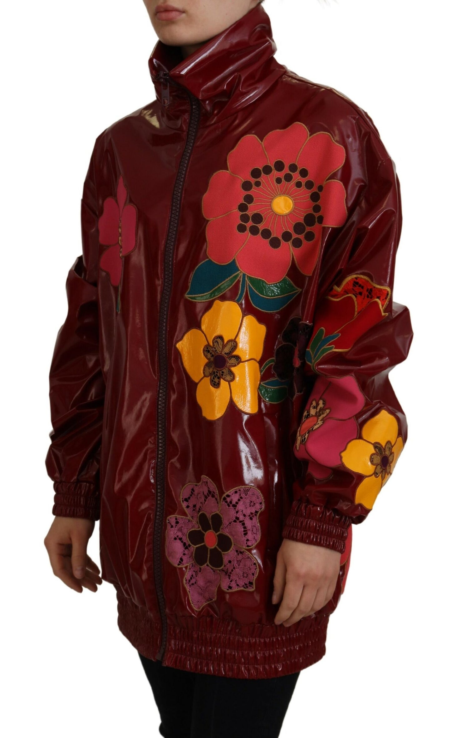 Dolce &amp; Gabbana Maroon Floral Full Zip Polyester Damenjacke