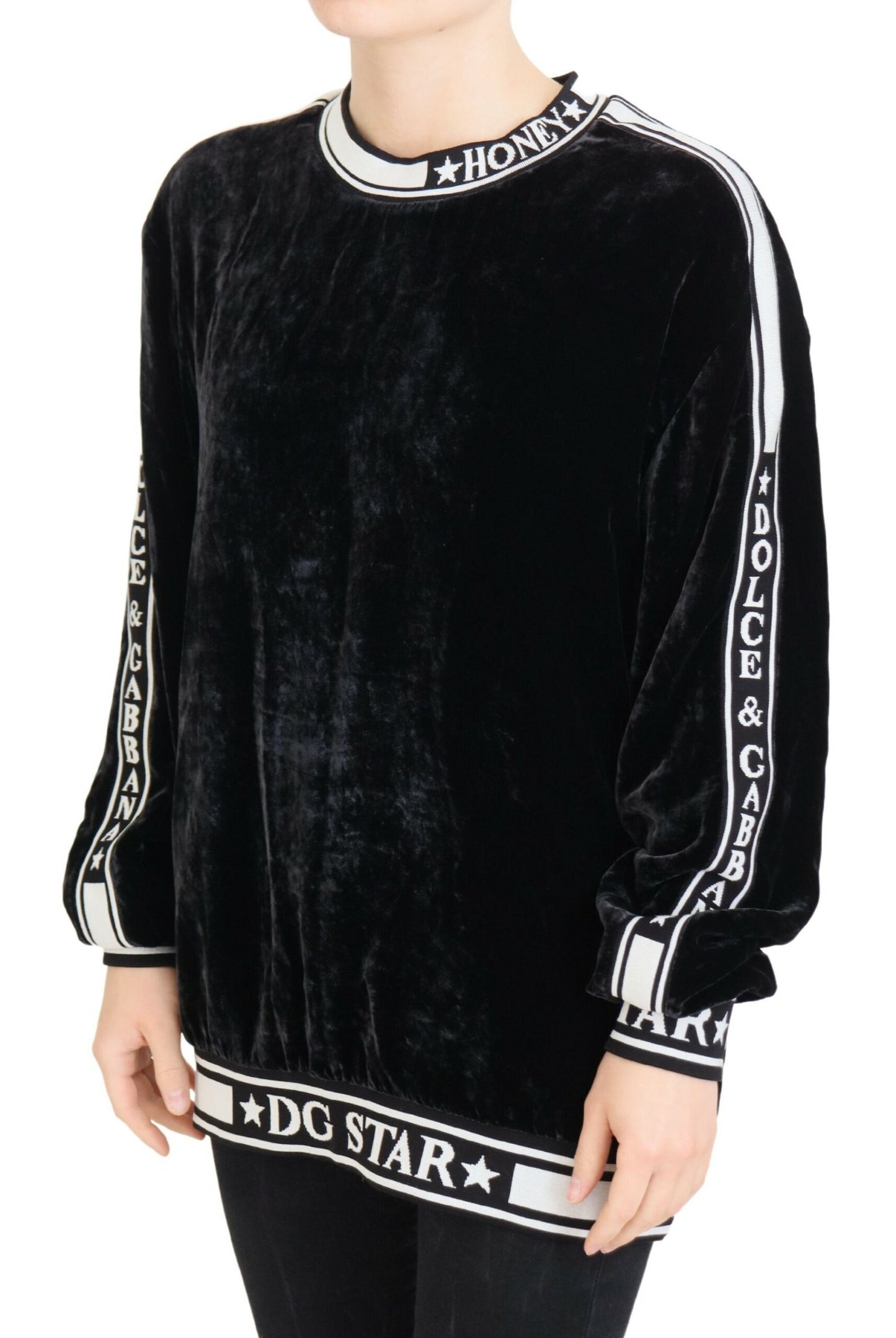 Dolce &amp; Gabbana Black Velvet Crewneck Pullover Sweater