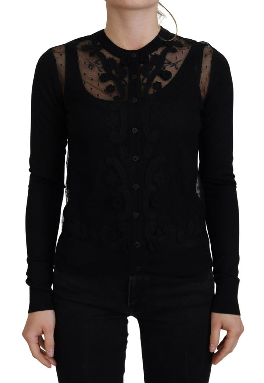 Dolce &amp; Gabbana Black Floral Lace Button Cardigan Sweater