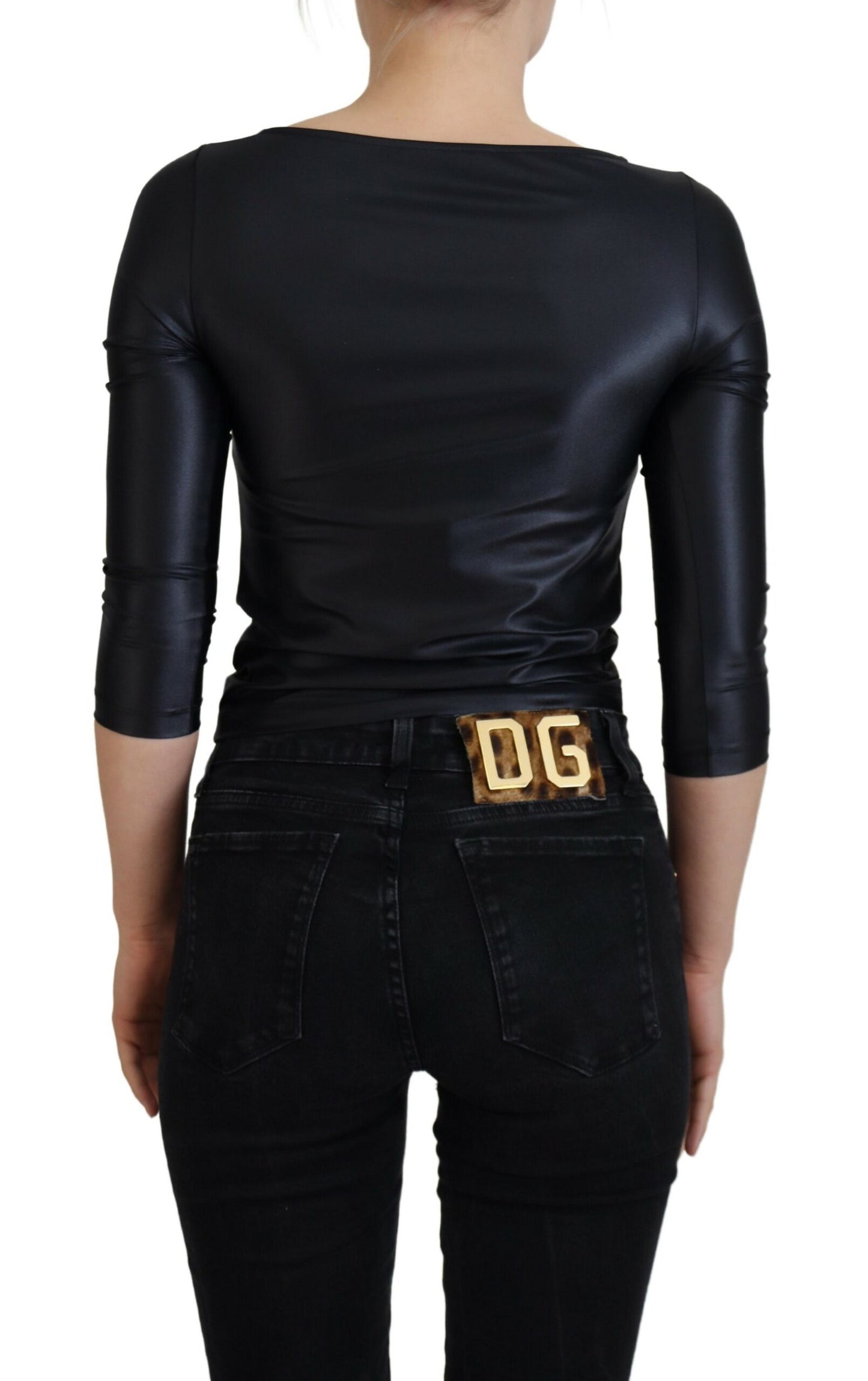 Dolce &amp; Gabbana Schwarzes Baumwoll-Stretch-Oberteil mit offener Brust und 3/4-Ärmeln