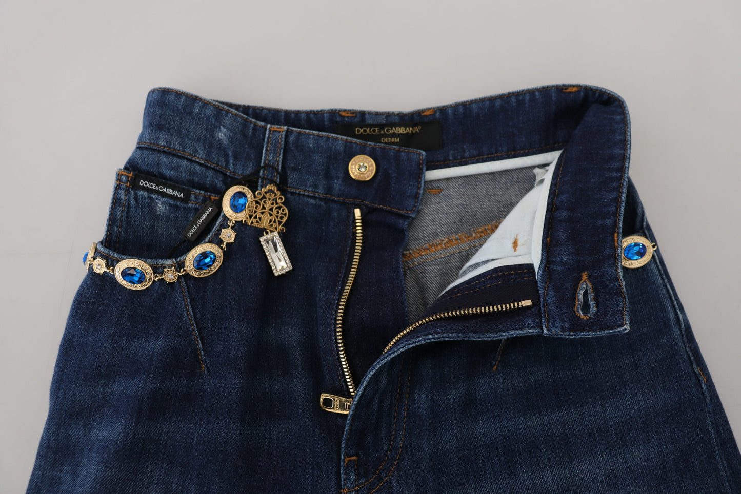 Dolce &amp; Gabbana Blue Embellished Straight Denim Cotton Jeans