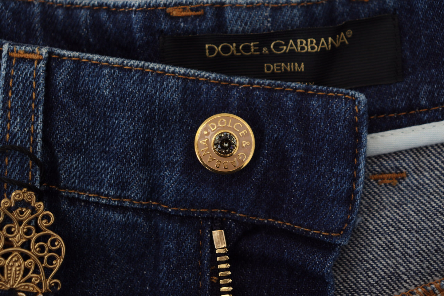 Dolce &amp; Gabbana Blue Embellished Straight Denim Cotton Jeans