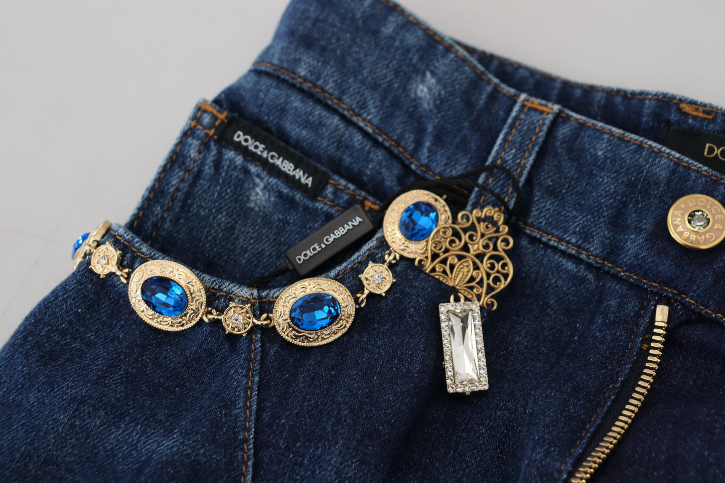 Dolce &amp; Gabbana Blue Embellished Straight Denim Cotton Jeans