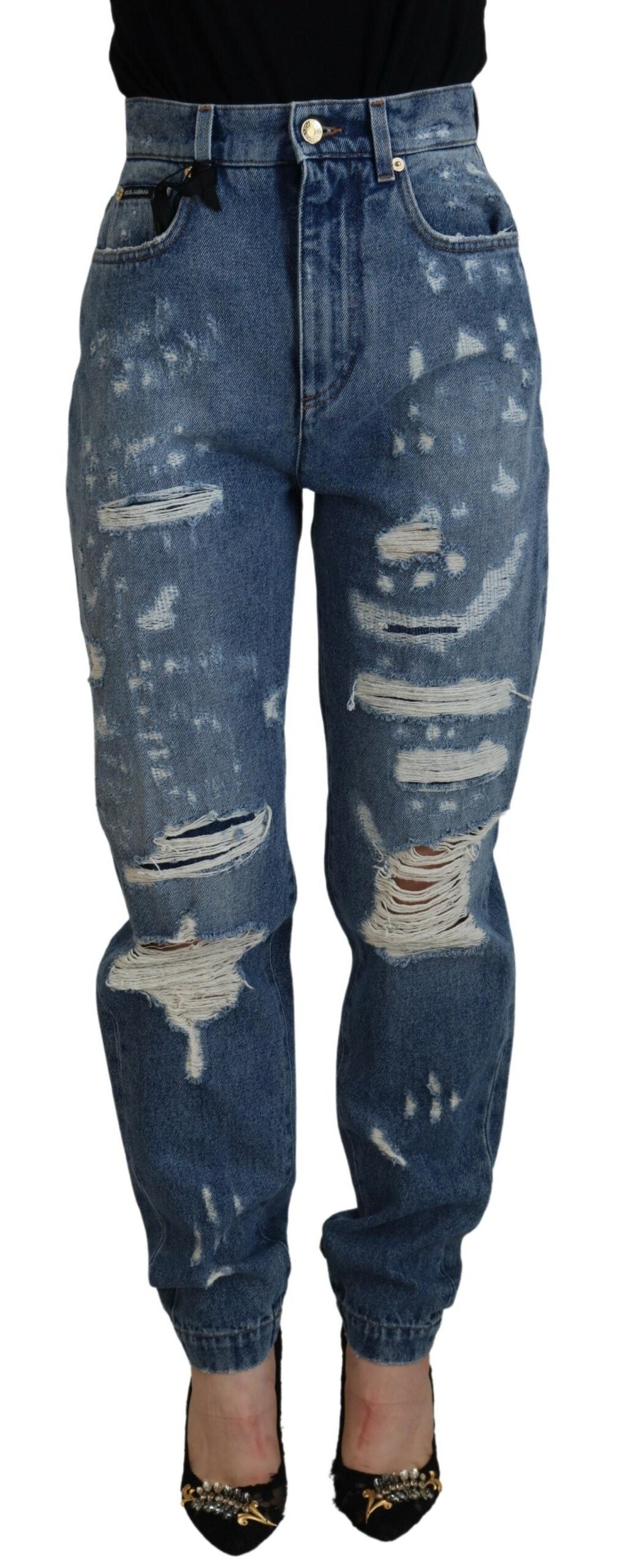 Dolce &amp; Gabbana Blue Tattered Skinny Denim Cotton Jeans