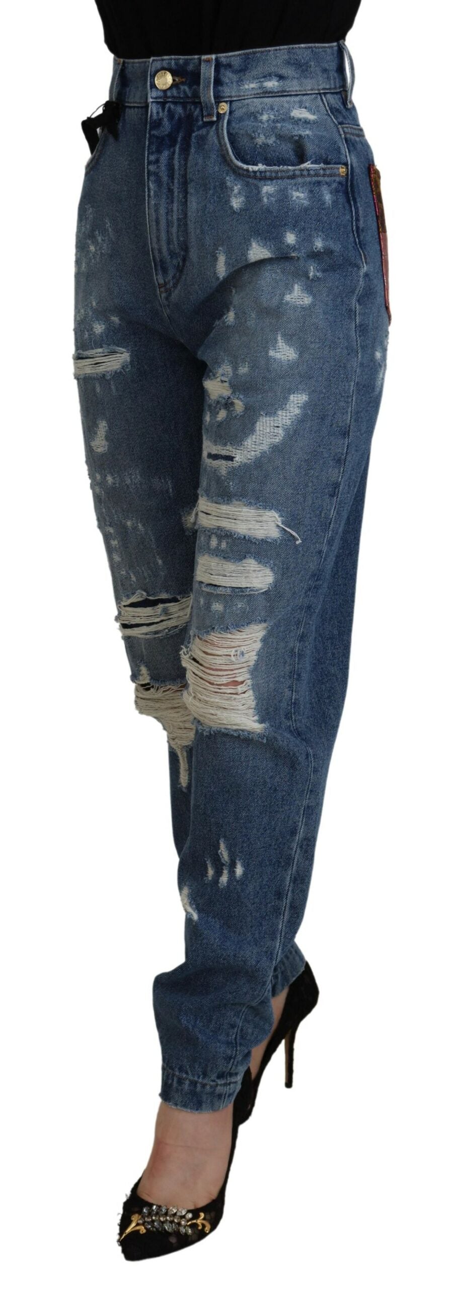 Dolce &amp; Gabbana Blue Tattered Skinny Denim Cotton Jeans