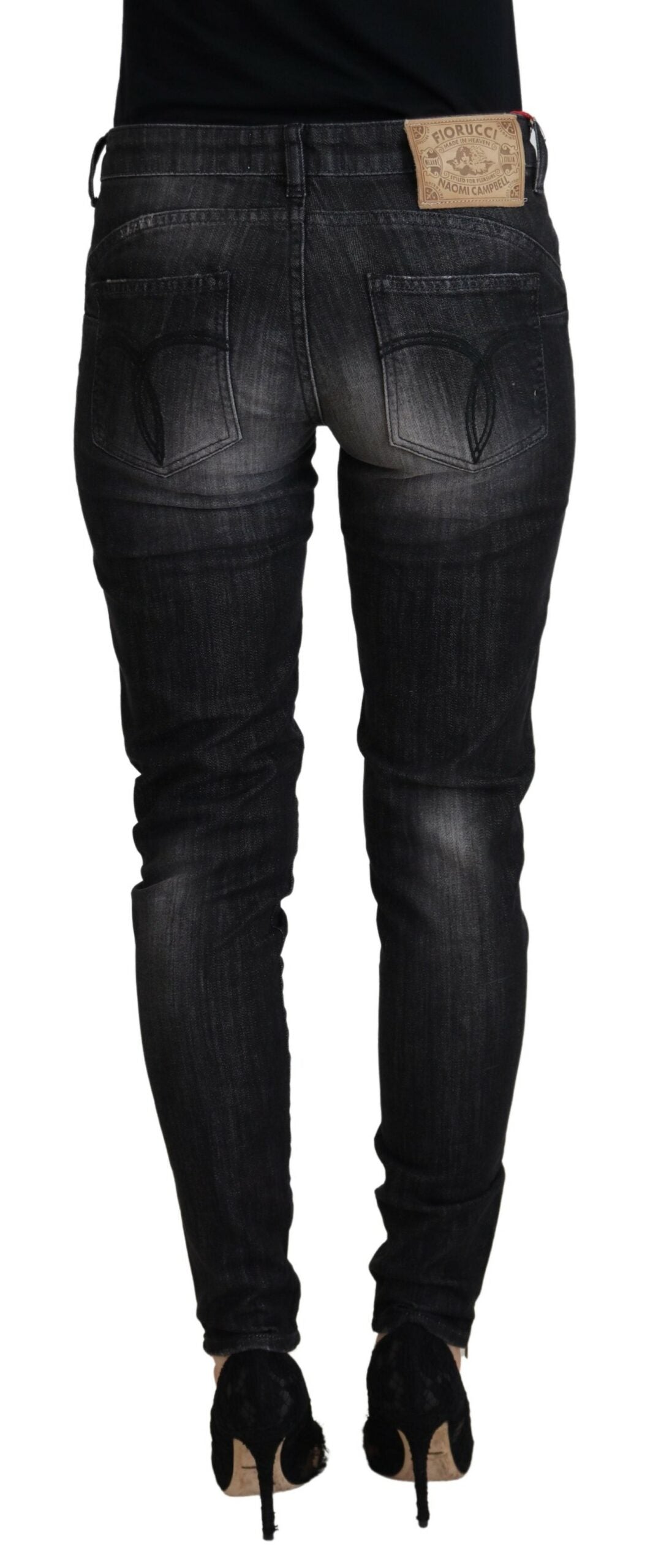 Fiorucci schwarze Baumwoll-Jeans mit niedriger Taille, Röhrenjeans für Damen