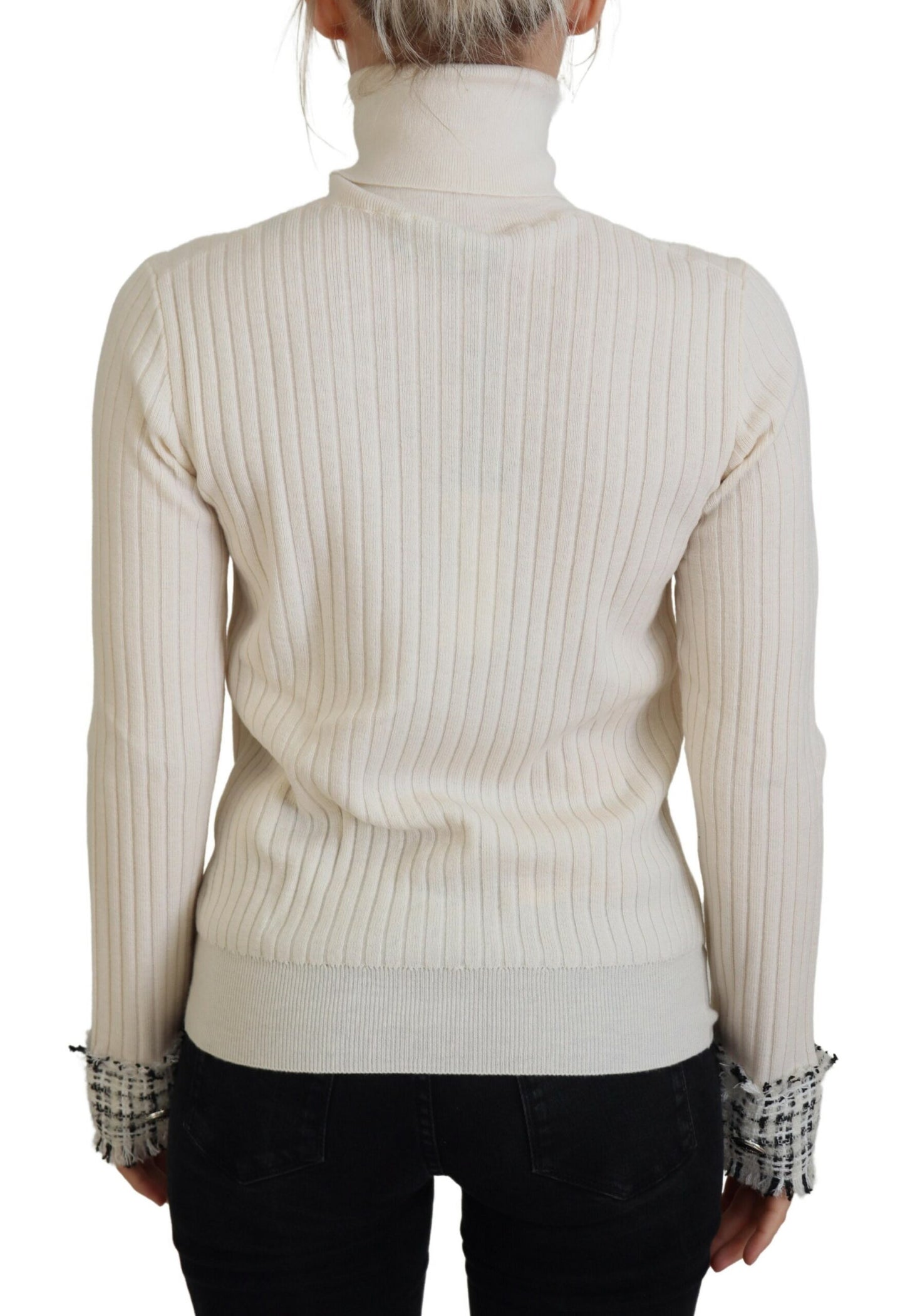 Dolce &amp; Gabbana Ivory Turtleneck Distressed Cuff Pullover Sweater