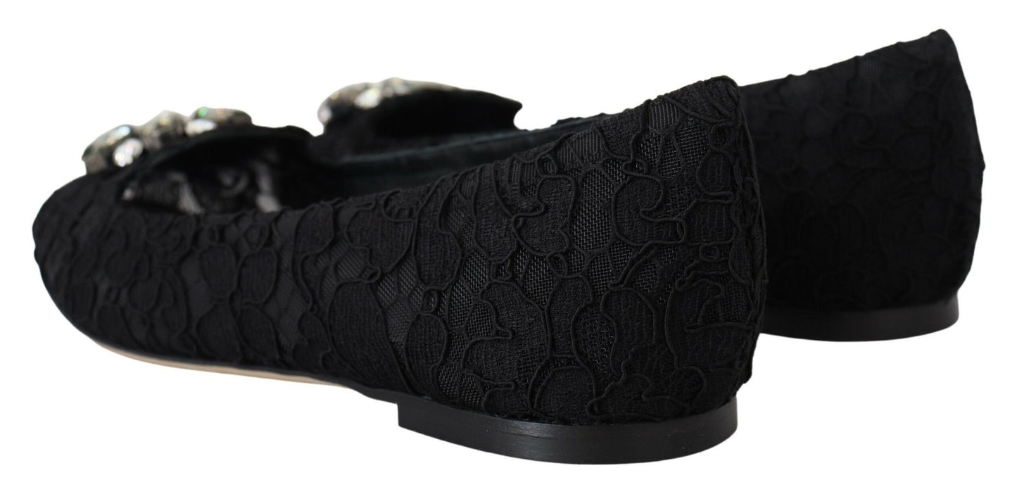 Dolce &amp; Gabbana schwarze flache Schuhe aus Taormina-Spitze mit Kristallen