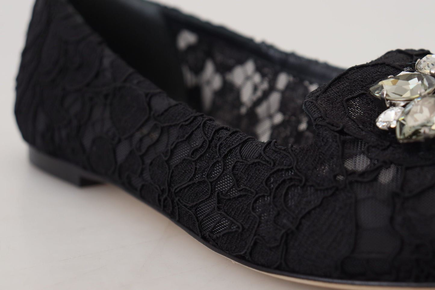 Dolce &amp; Gabbana schwarze flache Schuhe aus Taormina-Spitze mit Kristallen