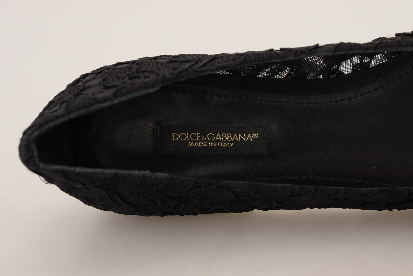 Dolce &amp; Gabbana schwarze flache Schuhe aus Taormina-Spitze mit Kristallen