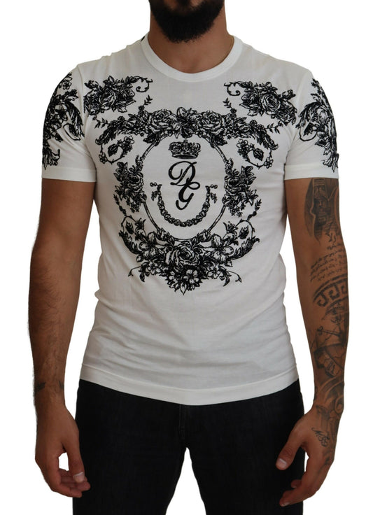 Dolce &amp; Gabbana Weißes DG Crown Floral Herren-T-Shirt mit Rundhalsausschnitt