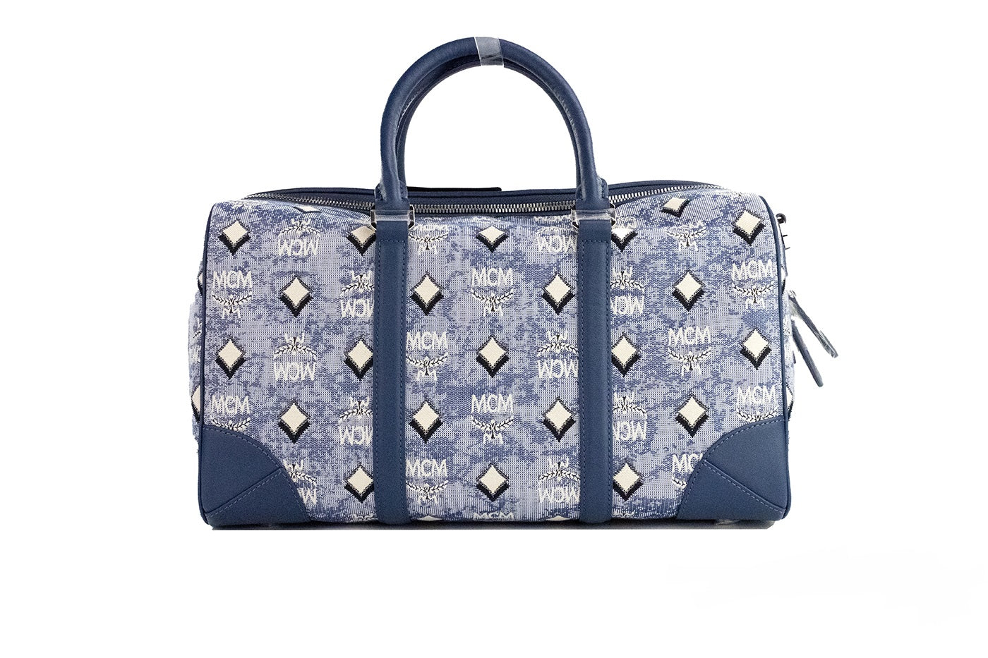 MCM Boston Medium Blue Vintage Denim Stoff Duffle Bag Umhängetasche Geldbörse