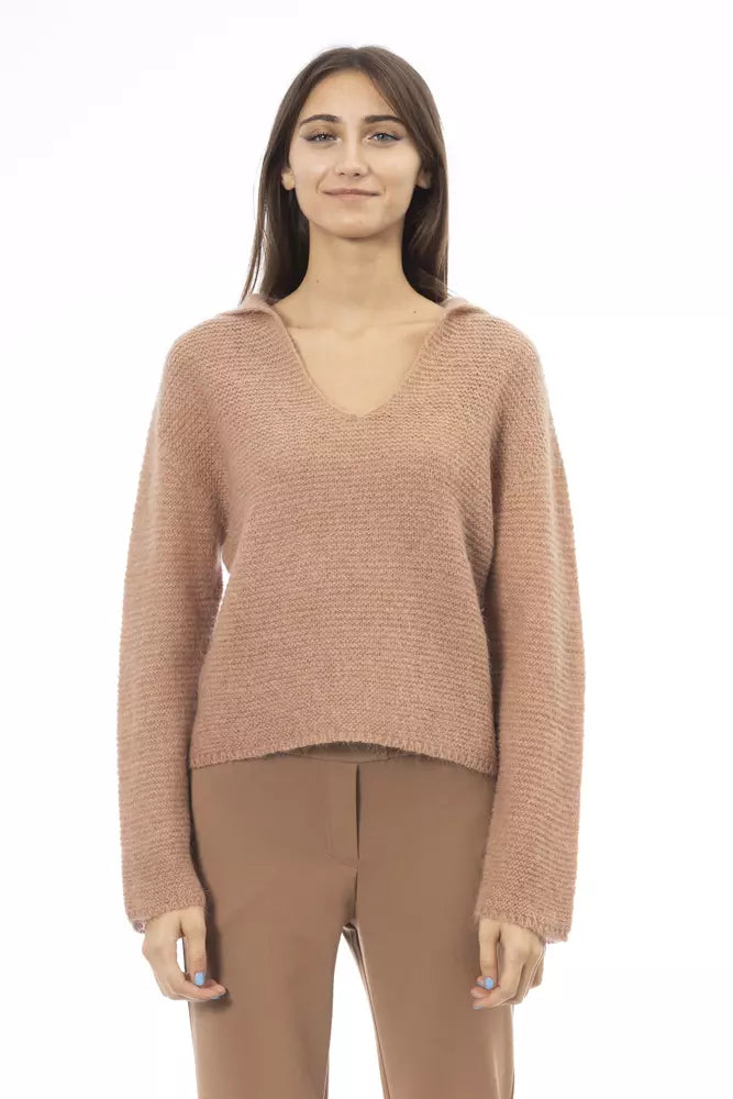 Alpha Studio Chic Beige Pullover aus Merinomischung mit V-Ausschnitt