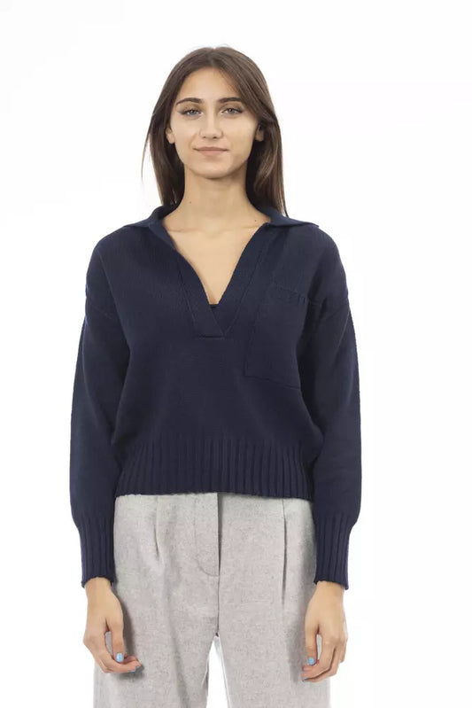 Alpha Studio Eleganter blauer Pullover mit V-Ausschnitt und gerippten Abschlüssen