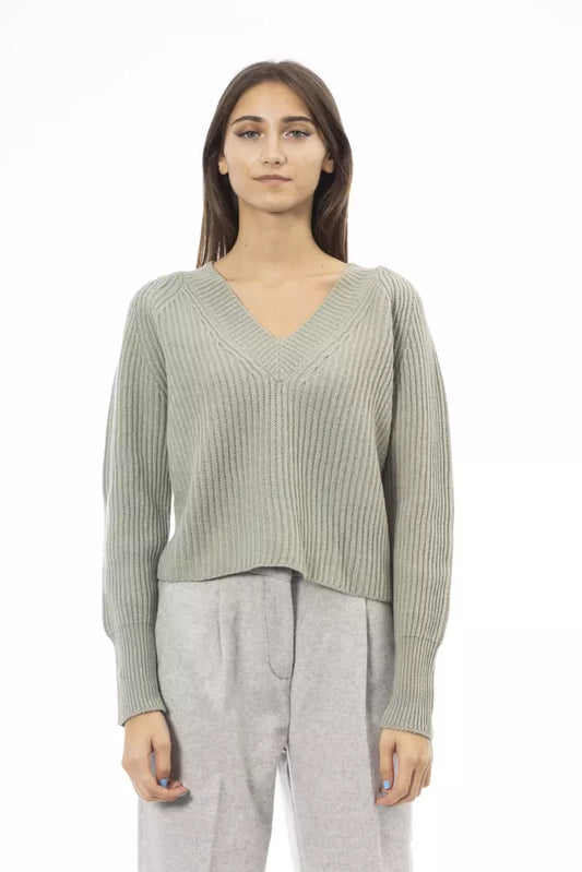 Alpha Studio Chic V-Neck Wool-Cashmere Sweater sa Berde