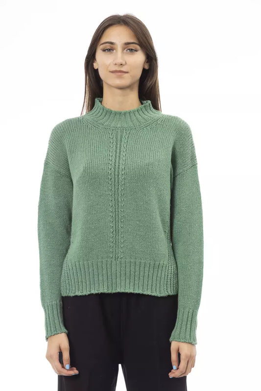 Alpha Studio Chic Mock Neck Green Sweater na may Side Slits