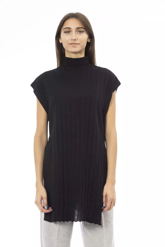 Alpha Studio Elegant Black Turtleneck na may Side Slits