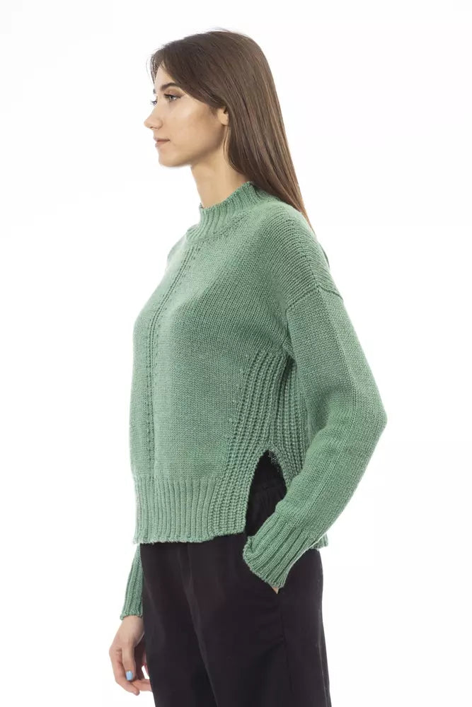 Alpha Studio Chic Stehkragenpullover in Grün mit Seitenschlitzen