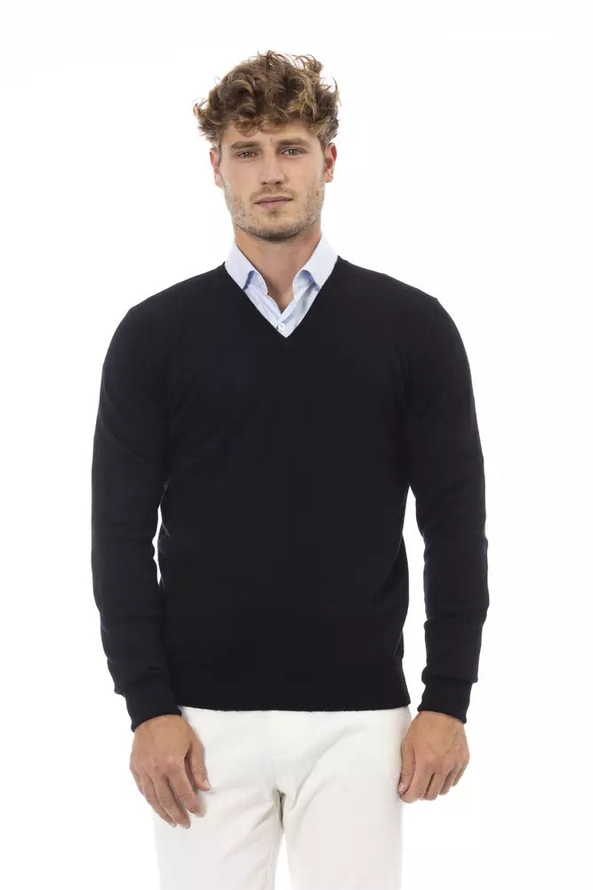 Alpha Studio Eleganter Pullover aus Wollmischung mit V-Ausschnitt – Schwarz