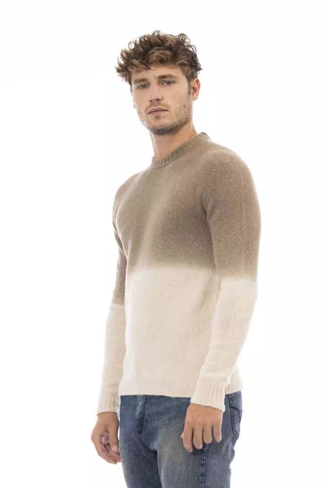 Alpha Studio Eleganter beigefarbener Pullover aus Alpaka-Mischgewebe mit Rundhalsausschnitt